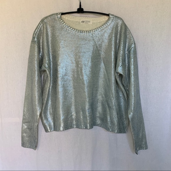 H&M // Silver Metallic Crew Neckline Sweater Sz Kids 12 my1 - Picture 1 of 8
